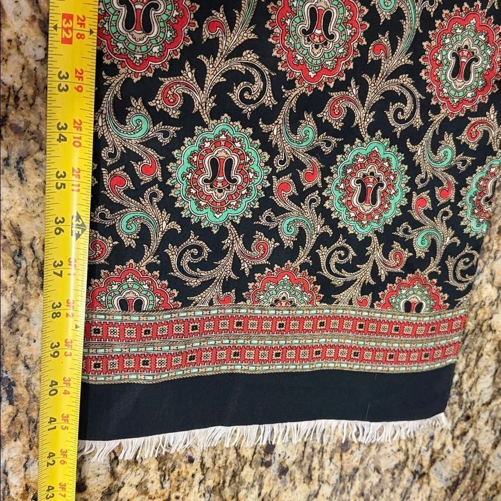 Vintage Hand Rolled Silk Feel Paisley Oblong Scarf Black Red 11 x 42